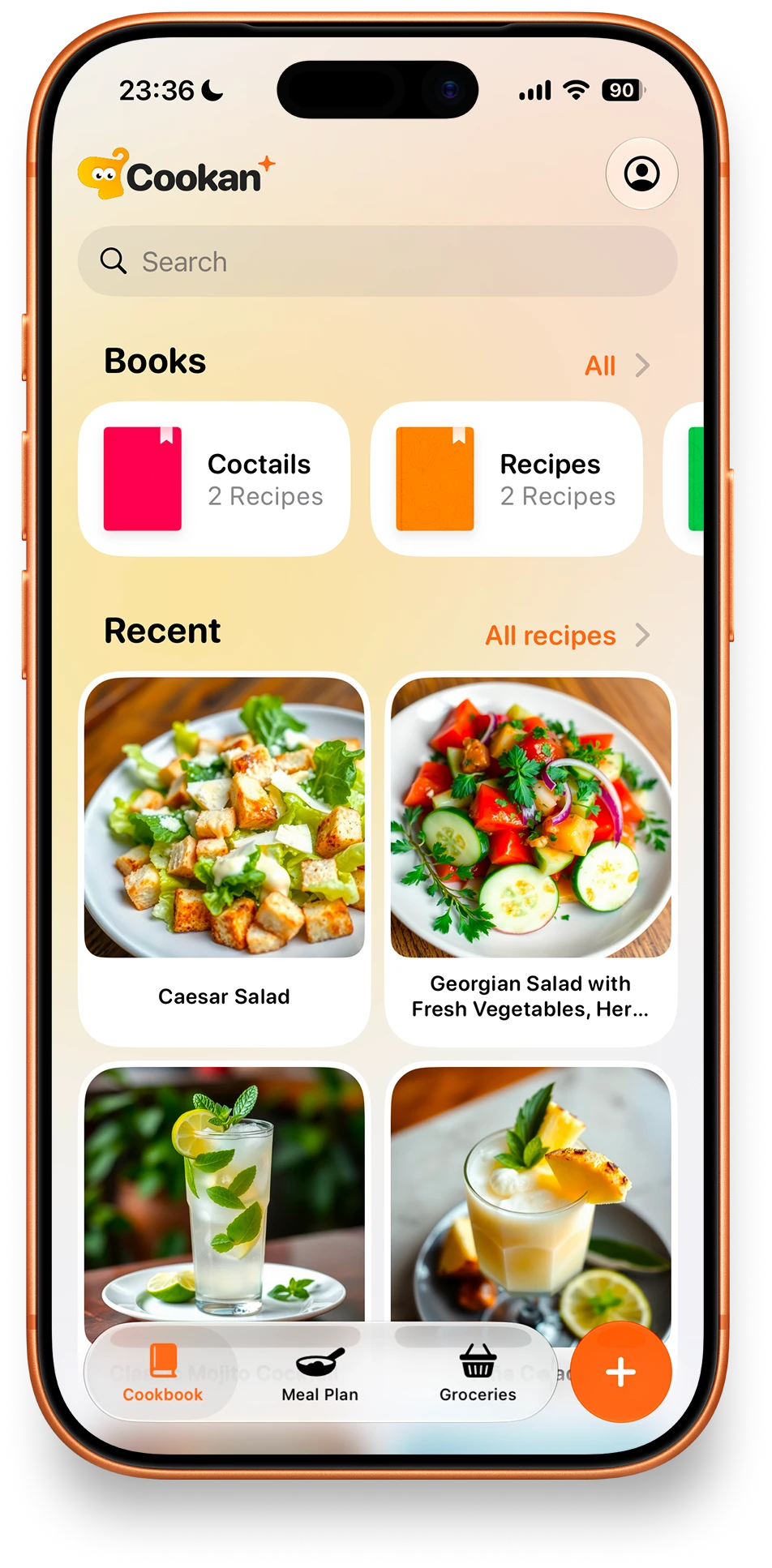Cookan AI on iPhone — cookbooks and recently added recipes